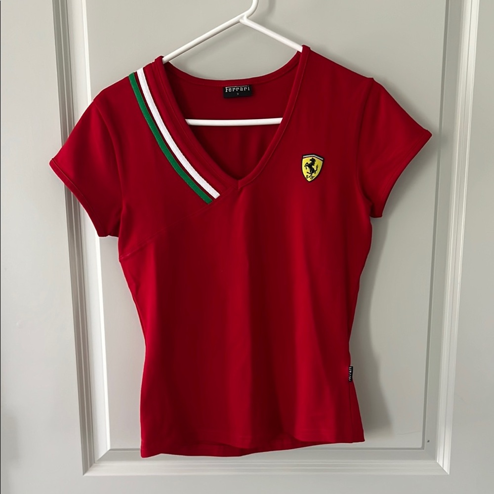 Y2K Authentic Ferrari Red Baby Tee Women's V-Neck Size Small